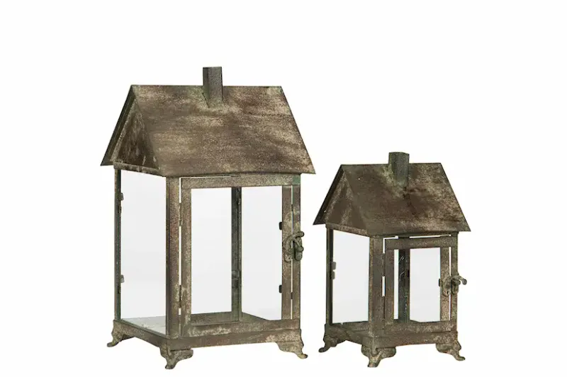 Lyslykt hus metall /glass 13 x 13 x 23 cm