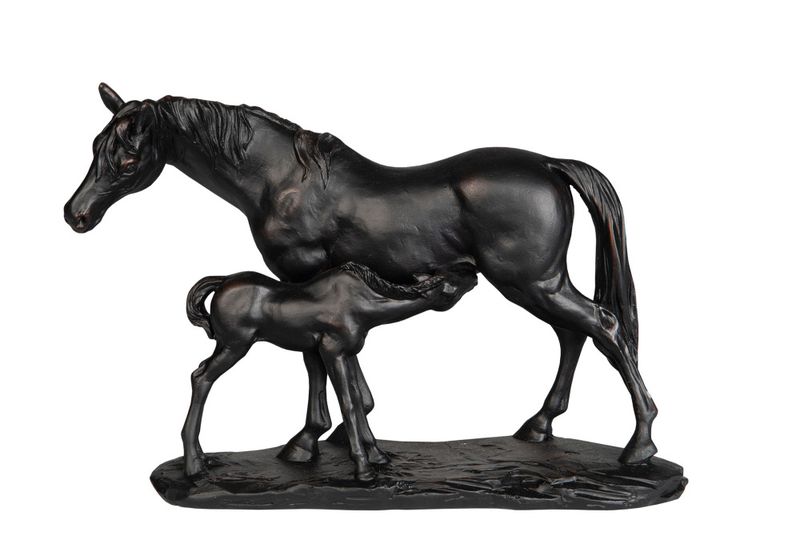 Hest med føll svart/brun poly 25x9x19cm